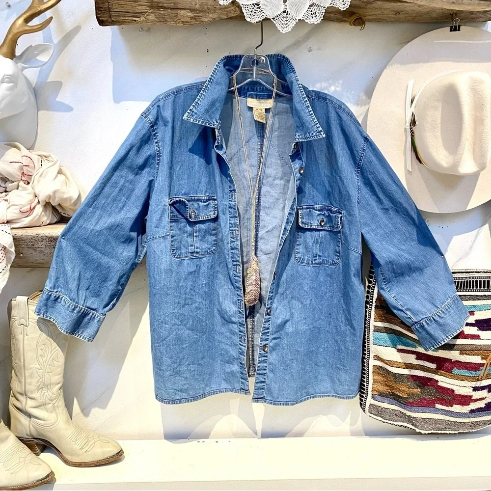 Upcycled patchwork vibe print on denim shirt w prairie country vibe - Picture 8 of 13